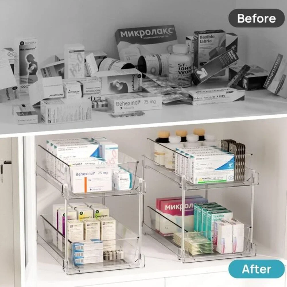 New 4-Pack 2-Tier Bathroom Organizer, Clear Under Sink & Cabinet Storage Bins